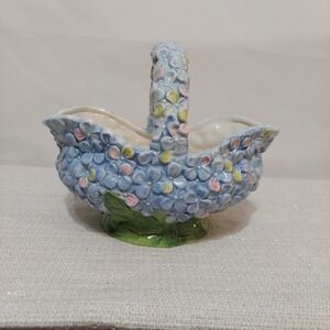 Ceramic Floral Basket Blue Handpainted Spring Planter Garden Pot Plant 9"